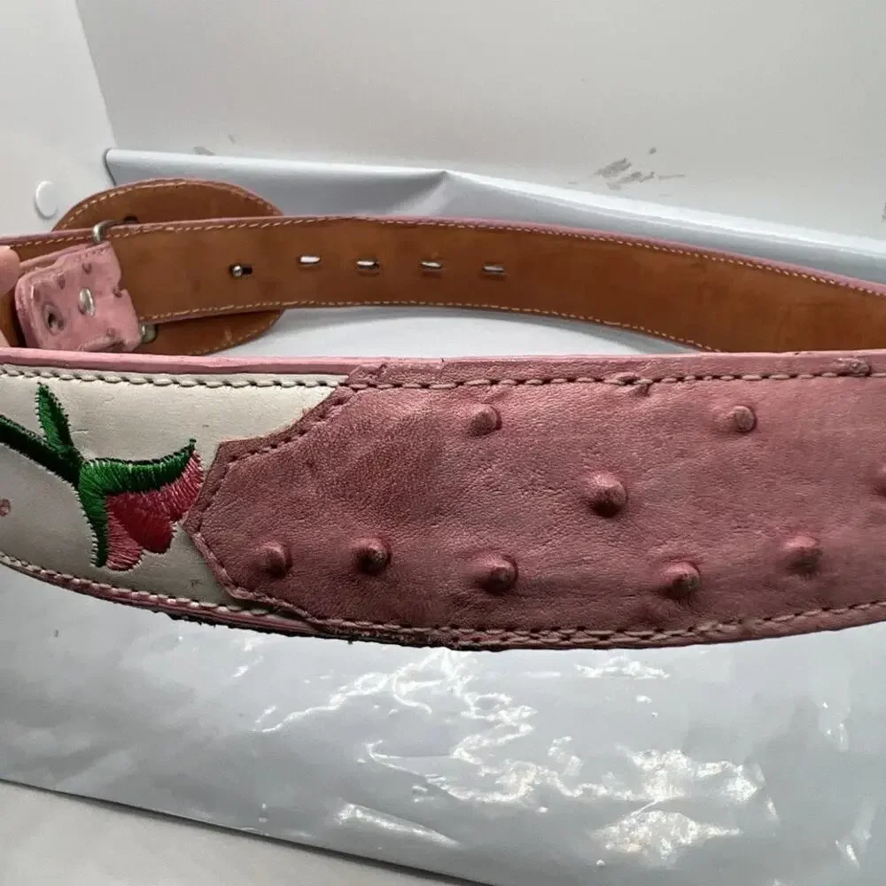 Aguila Real Leather Pink Caiman‎ Tail Embroidered Flowers Belt Rare Size 32